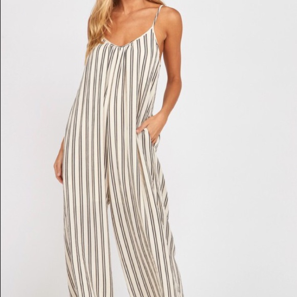 Ivory Striped Crepe Wide Leg Pocket Jumpsuit - Picture 2 of 3